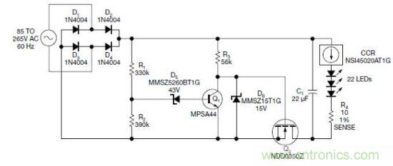 圖1:電路以恒流驅(qū)動一串LED,可用于全世界的各種交流電壓