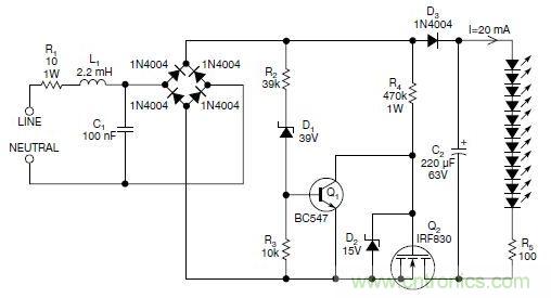 圖2:斬波工作類似圖1中的電路,但以較大的LED串聯(lián)電阻代替了恒流源,提供限流功能