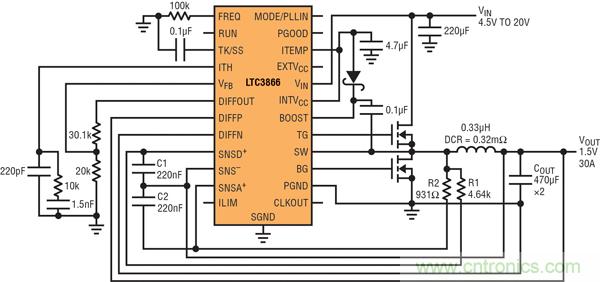 圖2：以非常低的DCR完成采樣的高效率、1.5V/30A降壓型轉(zhuǎn)換器