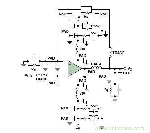 典型的運(yùn)算放大器電路，(a)原設(shè)計(jì)圖，(b)考慮寄生效應(yīng)后的圖