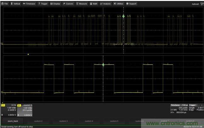 使用CustomDSO運(yùn)行VB腳本&ldquo;zoom_Track.lss&rdquo;。當(dāng)腳本運(yùn)行時(shí)，縮放波形的中心將跟蹤水平的光標(biāo)絕對(duì)位置。從圖中可以看出，光標(biāo)將永遠(yuǎn)位于縮放波形Z1的中心