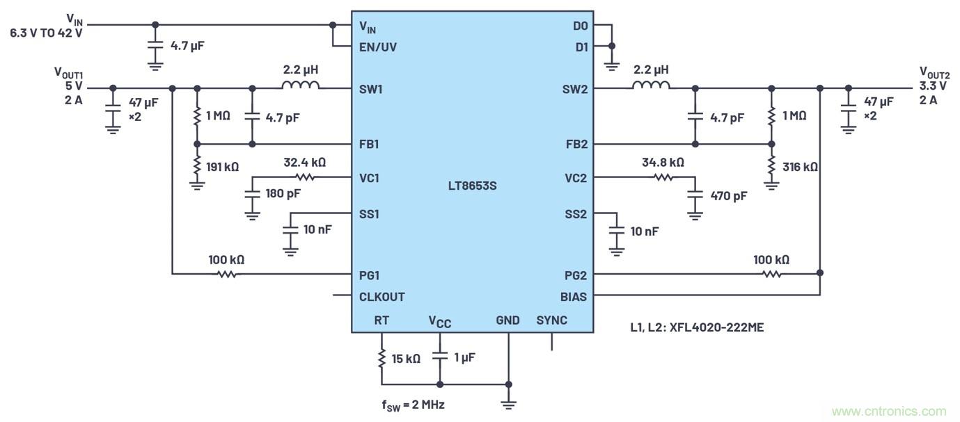 具有6.2 &micro;A靜態電流的雙通道、42 V、2 A、單片、同步降壓型Silent Switcher 2穩壓器